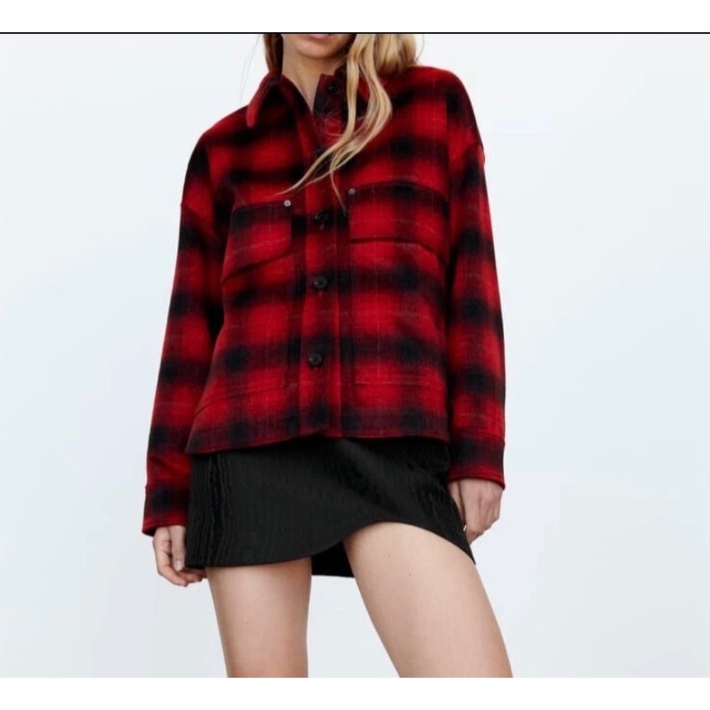 ZARA Red Black Plaid Wool Blend Oversized Shacket Jacket Shirt Women's M